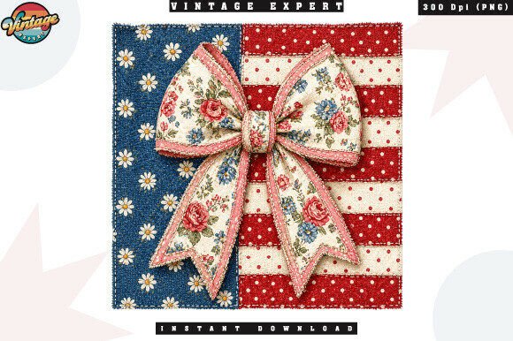 4th of July Floral Bow Patchwork PNG: A Farmhouse Twist on Patriotic Design