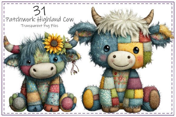 Cozy Patchwork Highland Cow Clipart Bundle