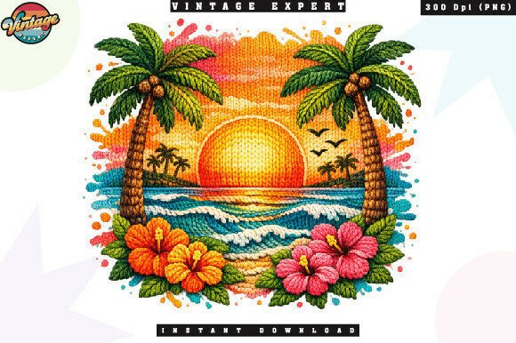 Crochet Yarn Ocean Sunset Floral PNG: Elevating Summer Designs with Textured Art