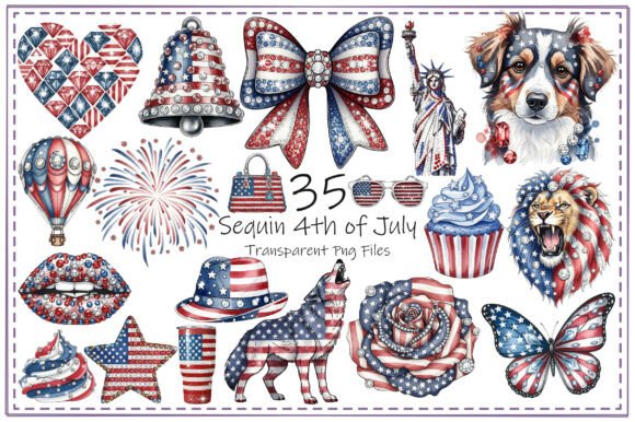 Sequin 4th of July Clipart Bundle: Elevate Your Patriotic Designs with Sparkle
