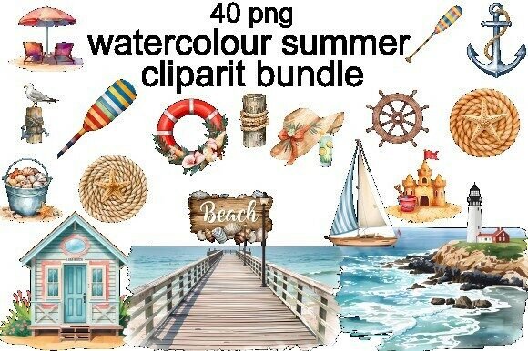 Watercolor Nautical Beach Clipart Bundle